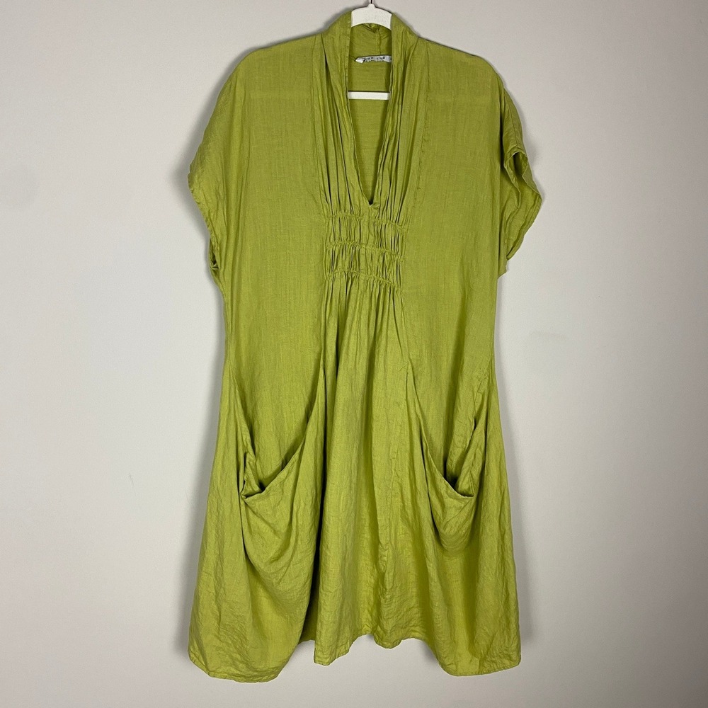 Luna Luz Linen Midi Pocket Dress Large Smocked Lagenlook Boho Artsy Natural